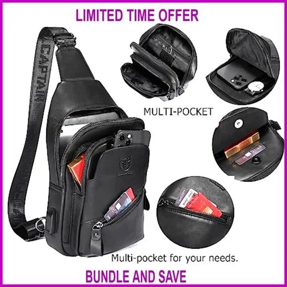 Genuine Leather Sling Backpack with USB Charging Port for Travel Hiking
